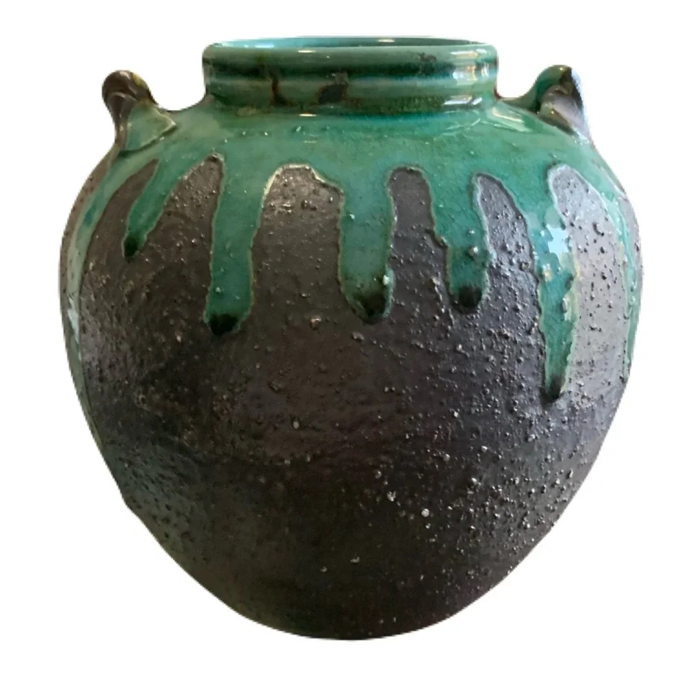 Vintage 1950s-70s Japanese Studio Pottery Drip Green Brown Lava Glaze MCM Vase